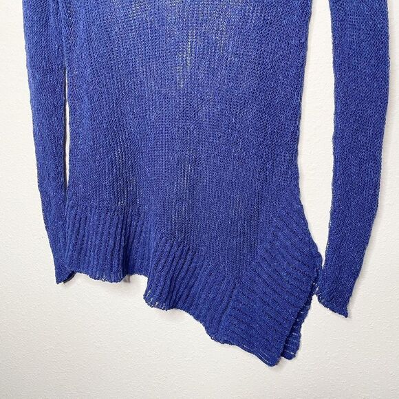 Eileen Fisher Blue Open Knit Linen Blend Asymmetrical Long Sleeve Top Size XS - Picture 3 of 8